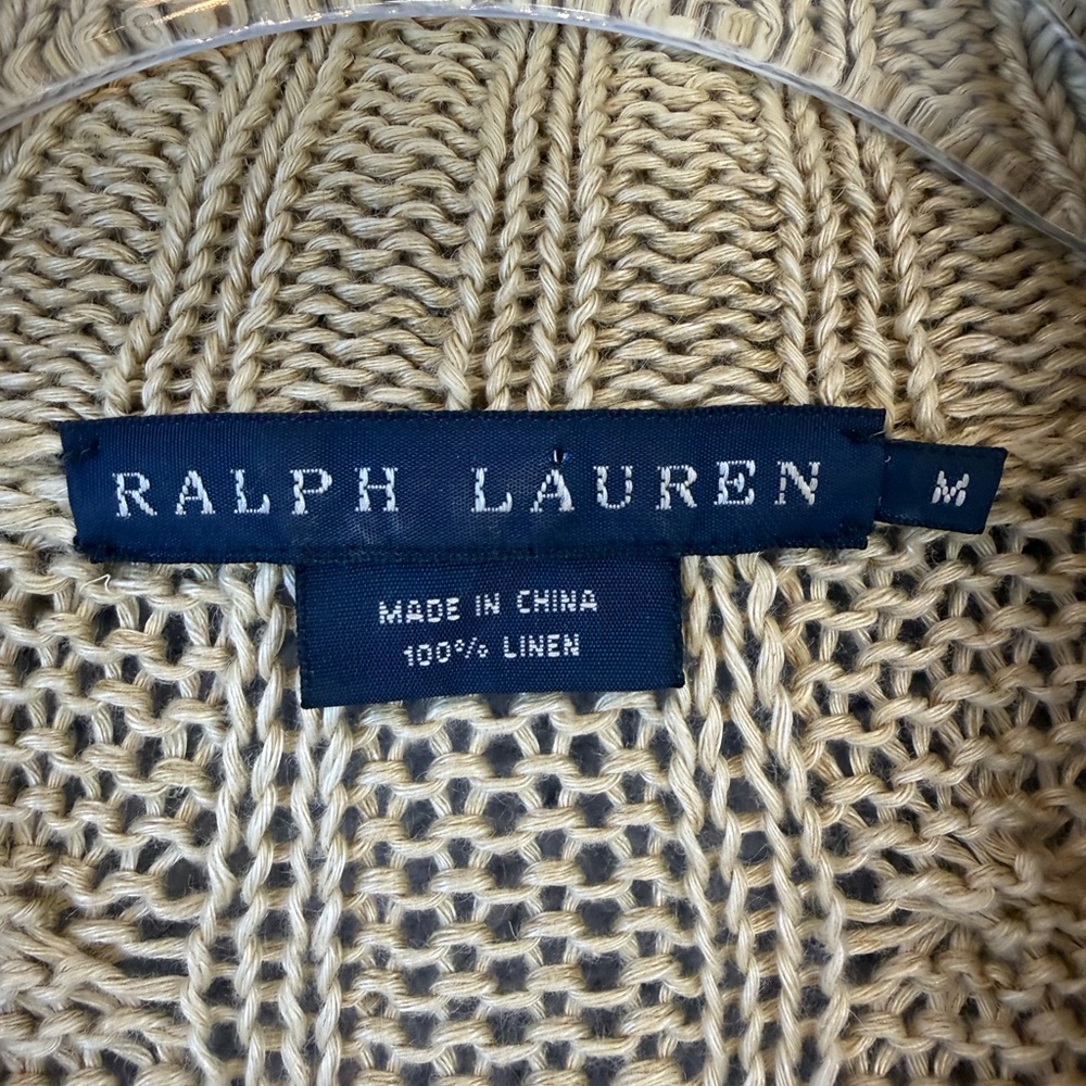 Ralph Lauren Women's Beige Cable Knit linen and suede equestrian Cardigan - Picture 3 of 9